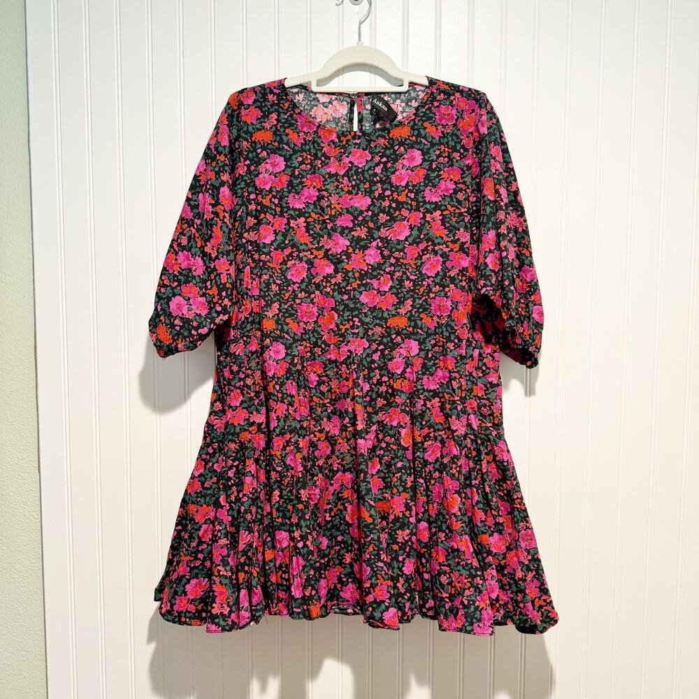Aakaa Flaunt It Floral Mini Dress Black Pink Orange Full Skirt Size Small